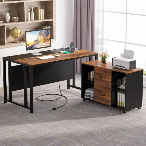 Tribesigns L-Shaped Computer Desk with Power Outlet and Drawer Cabinet, 55 inch Large Executive Office Desk Business Furniture
