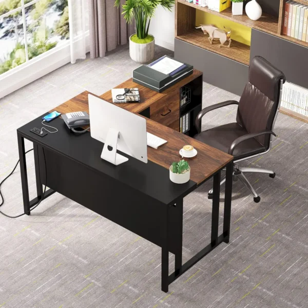 Tribesigns L-Shaped Computer Desk with Power Outlet and Drawer Cabinet, 55 inch Large Executive Office Desk Business Furniture